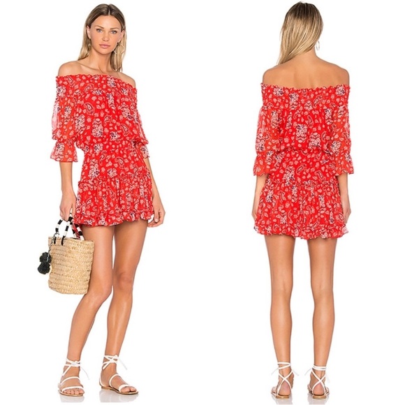 MISA Los Angeles Darla Off the Shoulder Dress Red Paisley - Picture 16 of 16